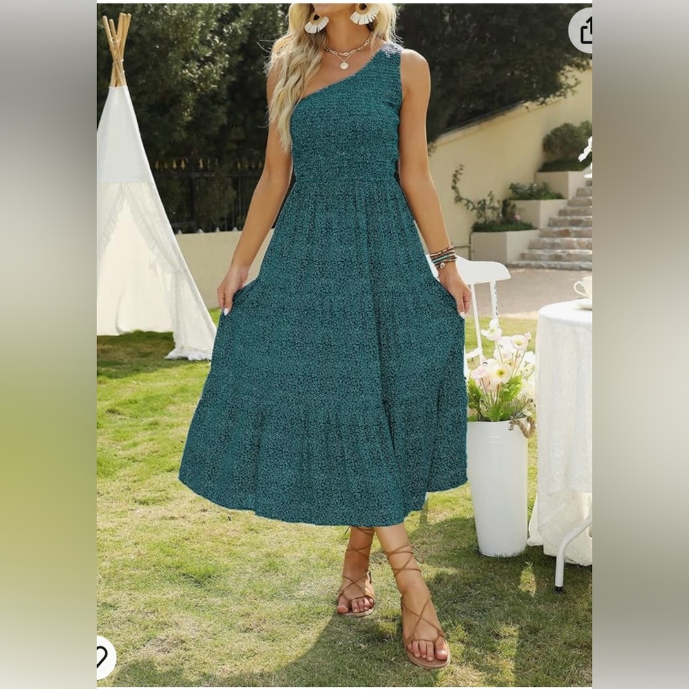 Bohemian Summer Floral Print One Shoulder Smocked Ruffle Tiered Long Midi Dress